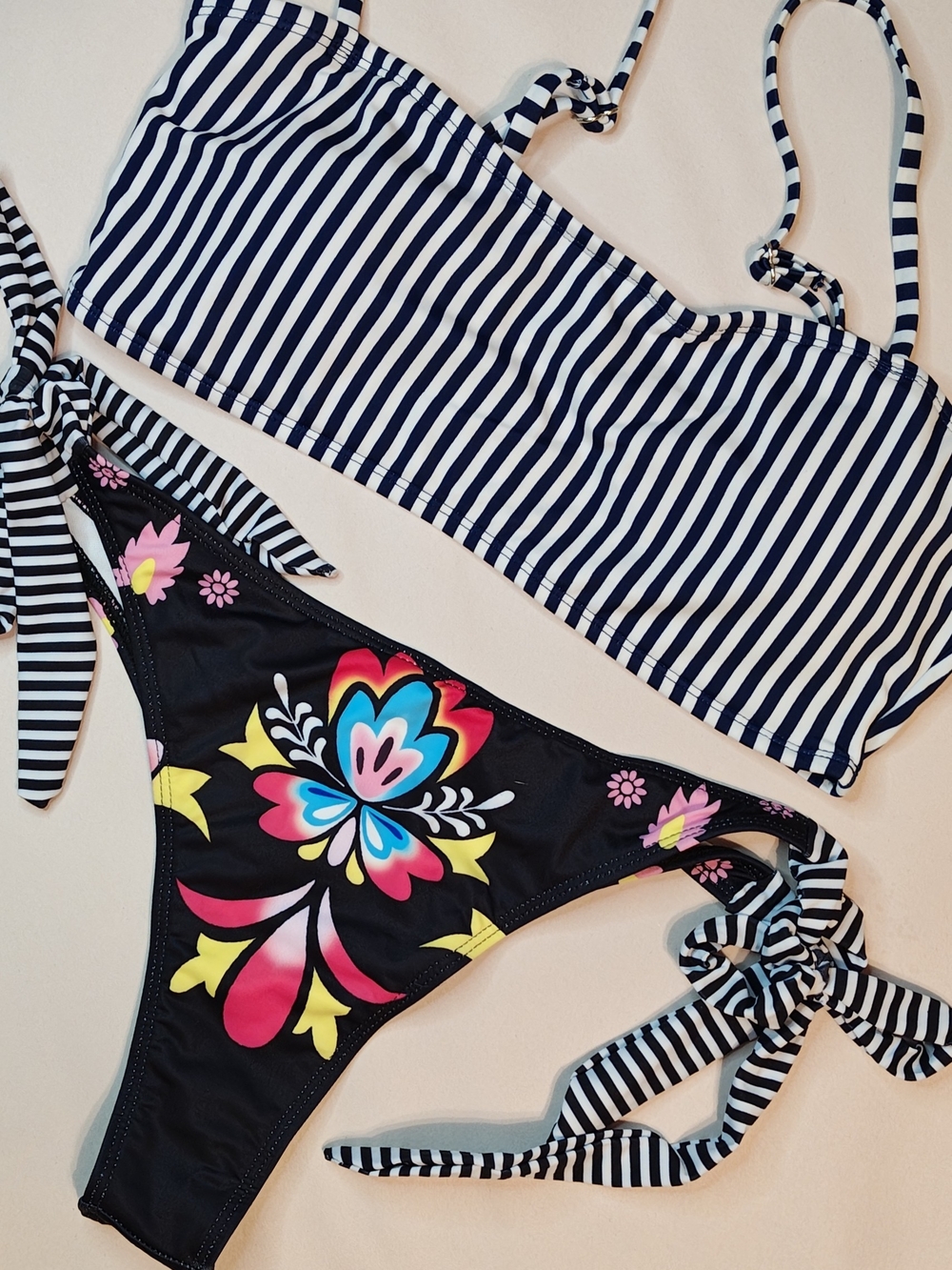 Black Floral Tie-Side Bikini Bottom with Striped Ties